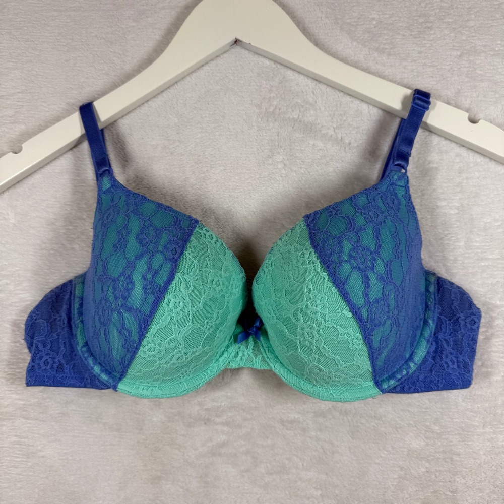 Victoria's Secret Lined Demi Bra 36C Blue Mint Green Lace Colorblock 346023-2XU
